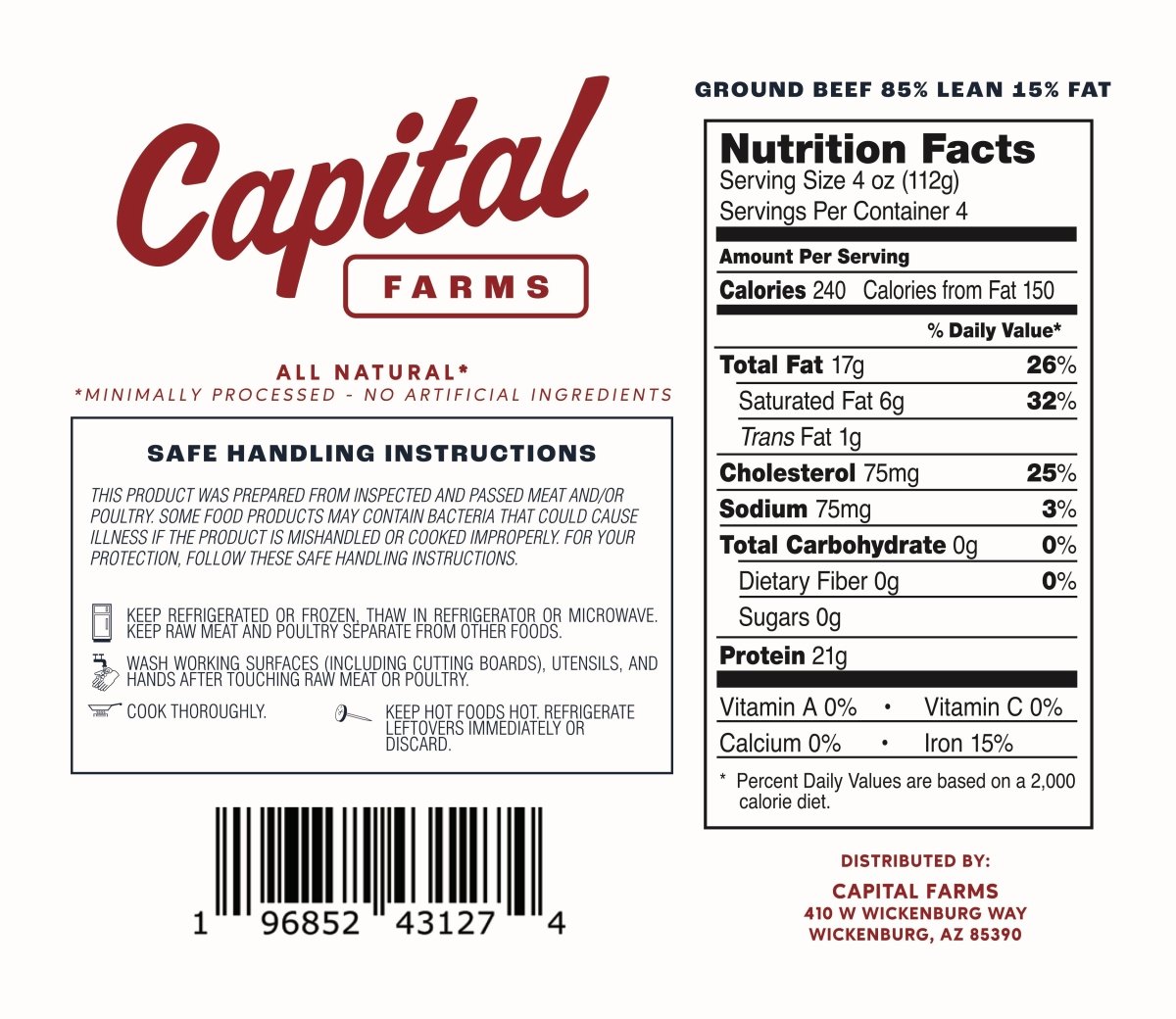 Ground Beef 85% Lean 15% Fat - 16oz - Capital Farms Meats & Provisions
