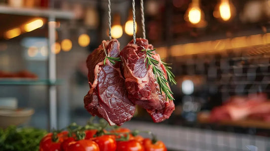 clean meat shop half beef hanging