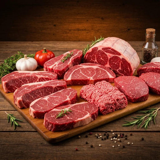 Assorted cuts of high-quality Corriente beef on a rustic platter with herbs and spices