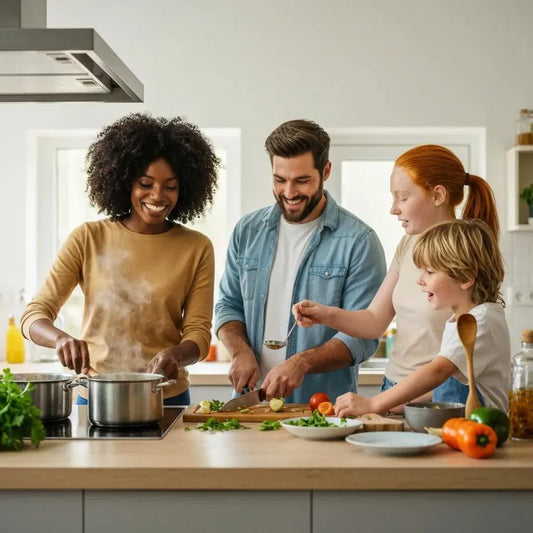 Family preparing a meal with premium grass-fed beef cuts in a cozy kitchen