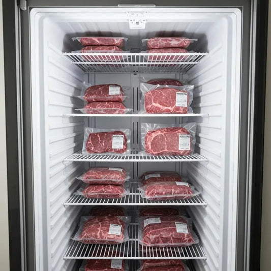 Freezer filled with vacuum-sealed beef cuts representing bulk beef delivery and meal planning