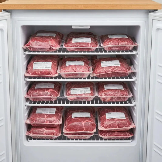 Freshly vacuum-sealed beef cuts in a well-organized freezer, highlighting the benefits of buying whole cow shares