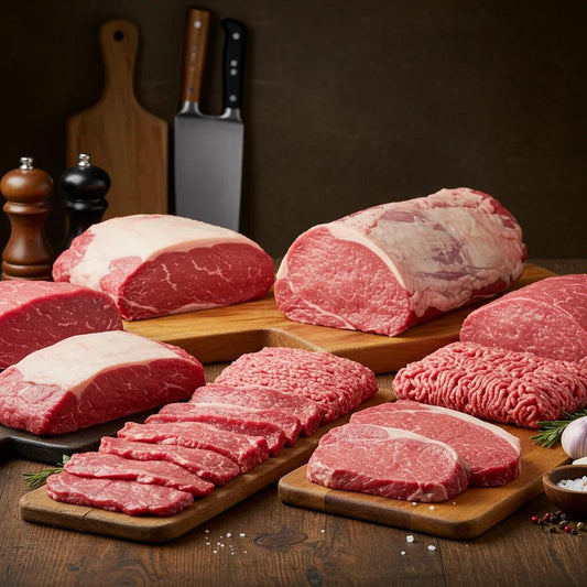 Half cow cuts displayed on a wooden table, showcasing various beef cuts in a warm kitchen setting