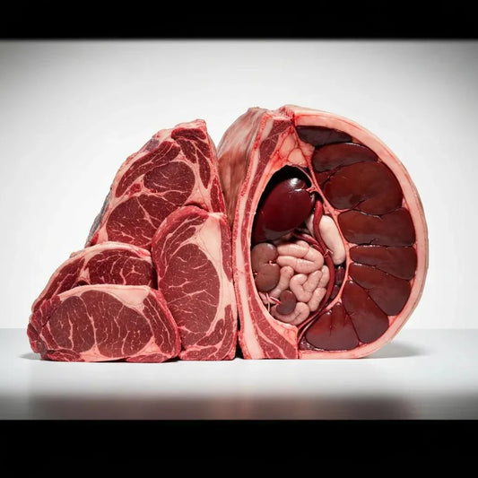 Assorted half-cow cuts arranged on a wooden table with herbs and spices, highlighting quality beef