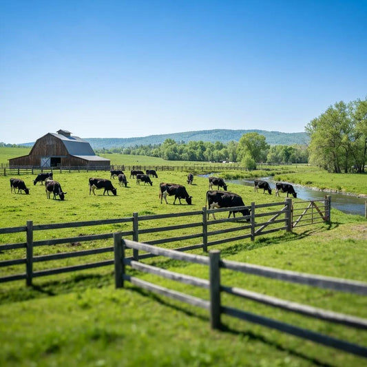 Local farm with cows grazing in a green pasture, representing farm-to-table beef sourcing