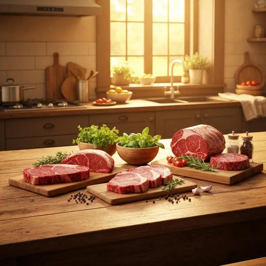 Premium beef cuts displayed in a warm kitchen setting, highlighting the appeal of buying half beef online