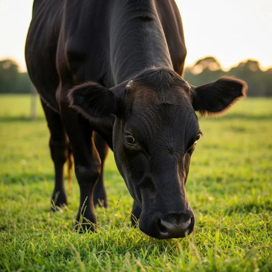 Premium grass-fed Corriente cow grazing in a lush pasture, representing high-quality beef sourcing