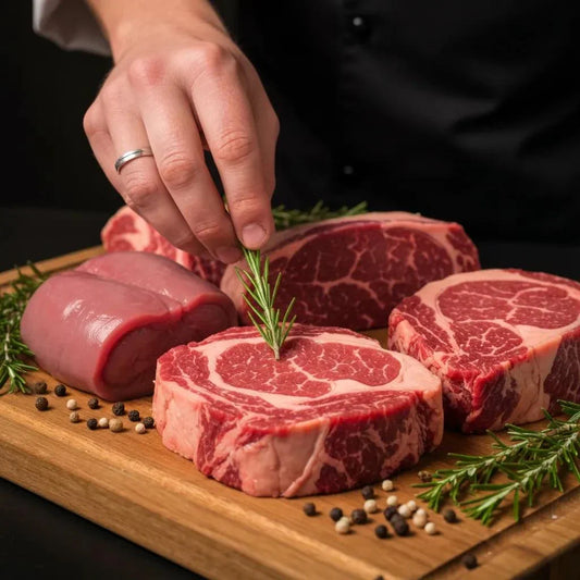 Selection of premium grass-fed beef cuts on a wooden cutting board with fresh herbs