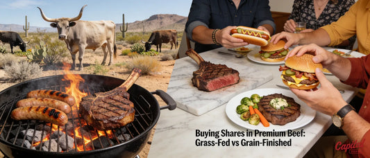 Capital Farms' beef is grass-fed and grain-finished for approximately 200 days.; Cattle graze on rangelands
