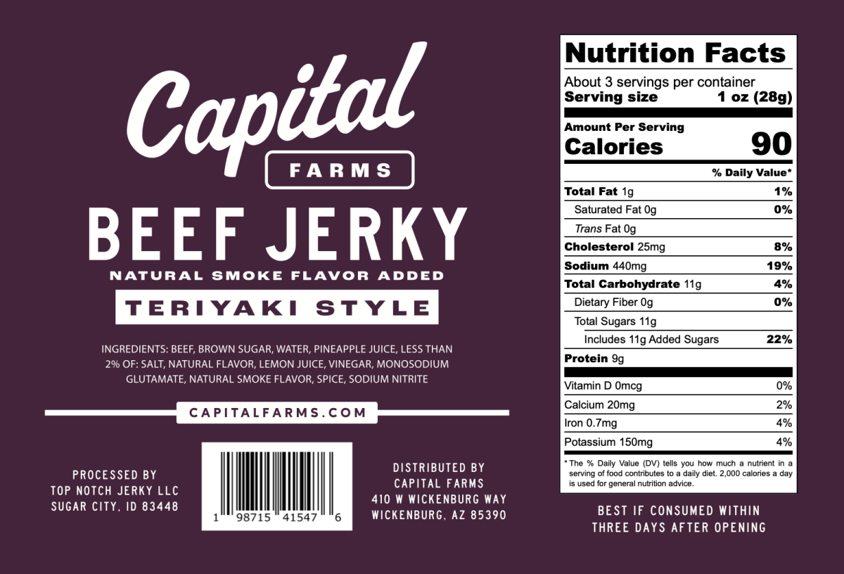 Teriyaki Beef Jerky - 3.25oz - Capital Farms Meats & Provisions